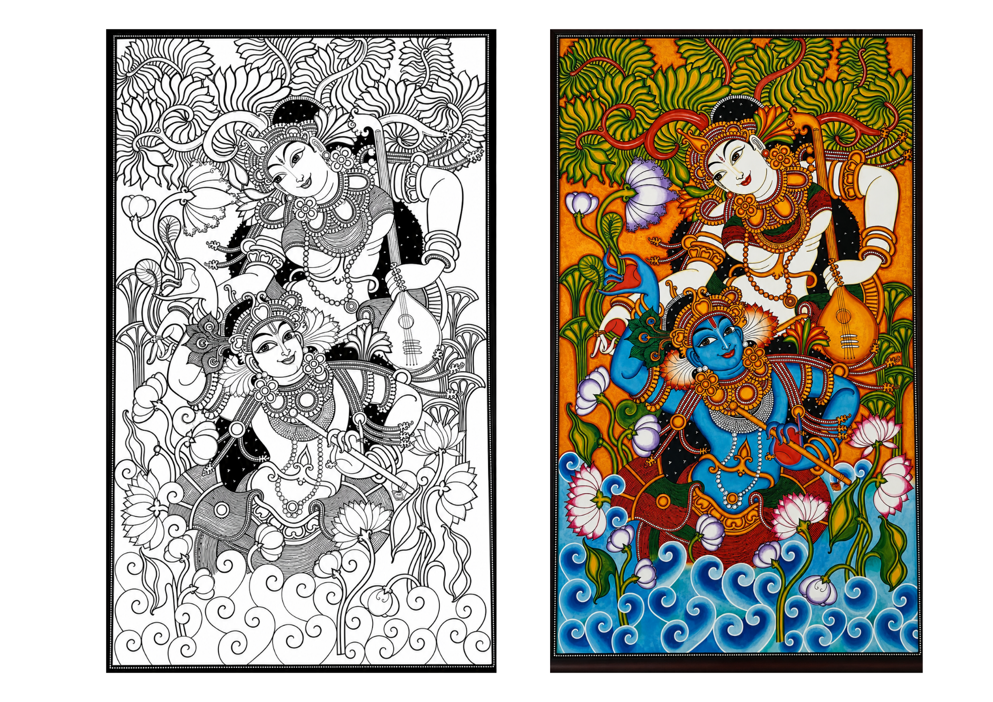 Krishna Radha Mural Canvas Painting Sketch ONLY